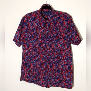 Perry Ellis| Vibrant Red and Blue Paint Splatter Design Short Sleeve Shirt